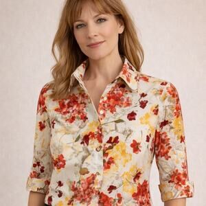 Nara Camicie Floral 3/4 Sleeve Button Up Top - Size III (L)